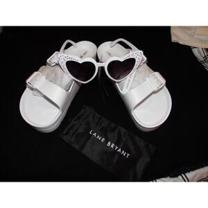 Lane Bryant Sandals women 8 White Double-Band Slide Bling Heart Sunglasses